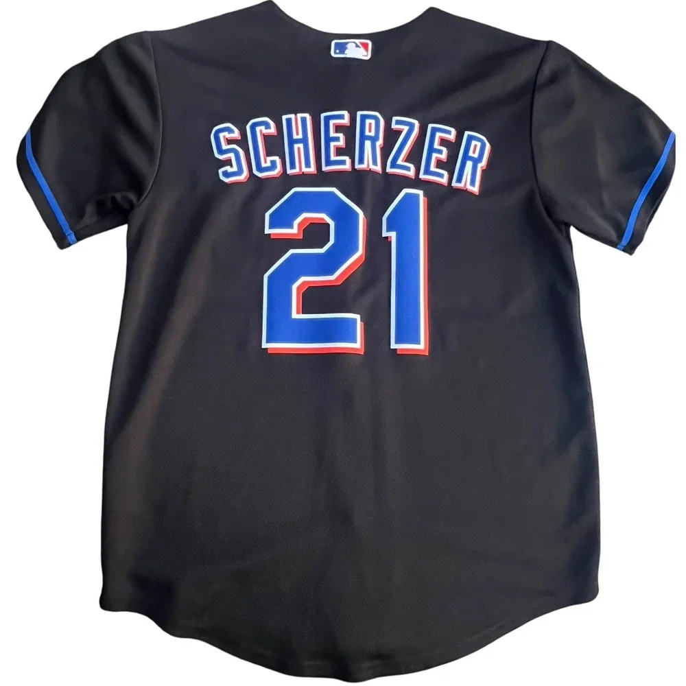 NY Mets Nike 2022 Max Scherzer #21 Youth Jersey Black Mr.Met Patches on sleeve 8